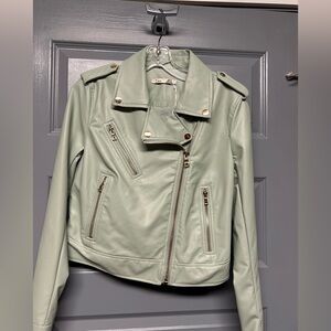 DEX Mint green faux leather women’s MOTO JACKET. NWT Size Medium brass accents